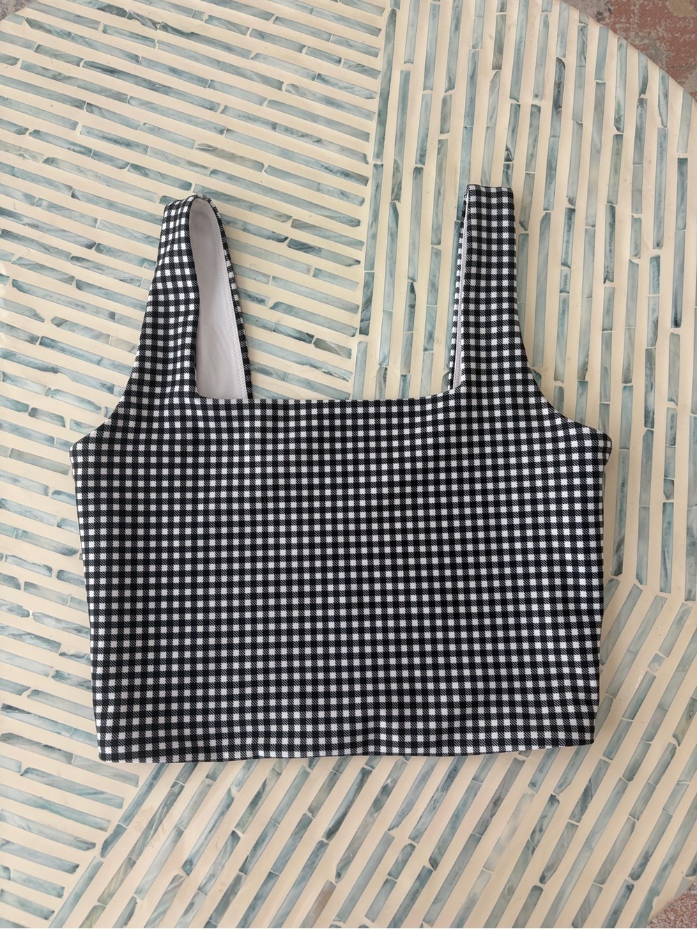 Gingham Square-Neck Crop Top in Black & White (Active Wear Top)